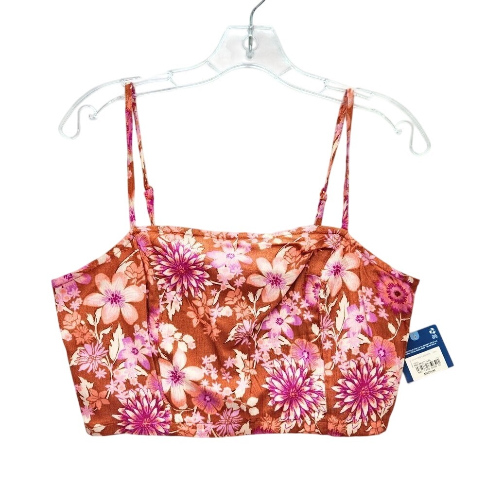 Arizona Jean Floral Smocked Crop Top Cami‎ Tank Bustier Pink Brown Summer Medium
